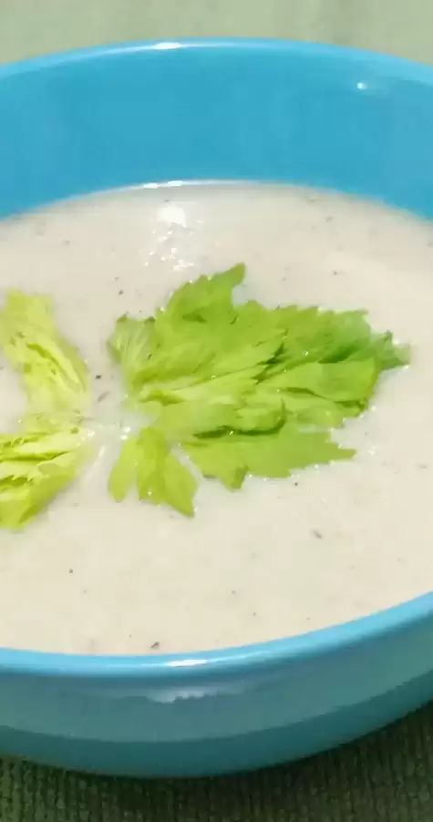 Close up view of Vegan Cream of Celery Soup