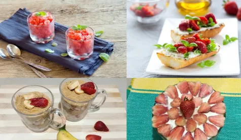 4 No-Bake Strawberry Desserts in a grid layout. They are Strawberry Banana Cheesecake Salad, Strawberry Trifle, Strawberry Parfait and Strawberry Granita
