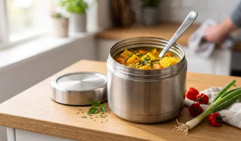 Thermos filled with Trinidad Corn Soup with a spoon sticking out