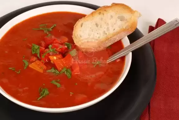 Red Pepper Soup with a slice of bread