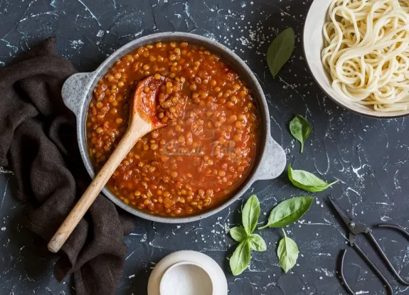 Lentil Bolognese in a bowl
