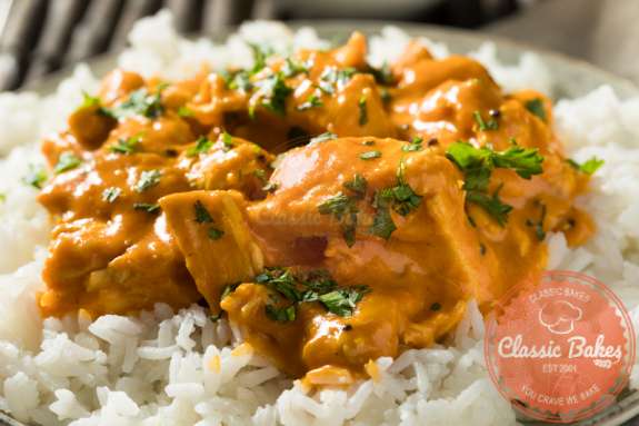 Closed up Chicken Mango Curry on top of the steamed rice
