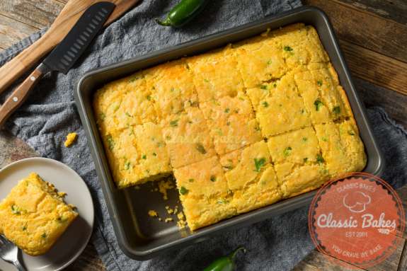 Aerial shot of Jiffy Jalapeno Cornbread with a slice on the side