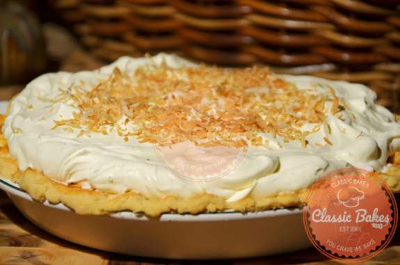 Front shot of Homemade Coconut Cream Pie in a pan