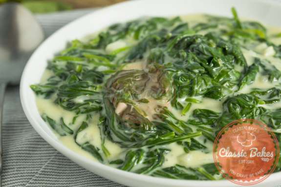 Close up shot of Vegan Creamed Spinach in a bowl