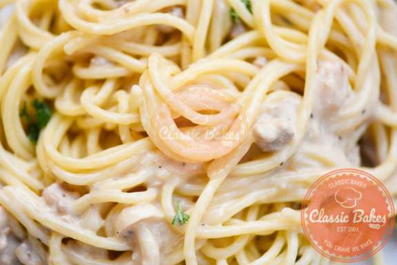 Close up shot of Vegan Spaghetti Carbonara