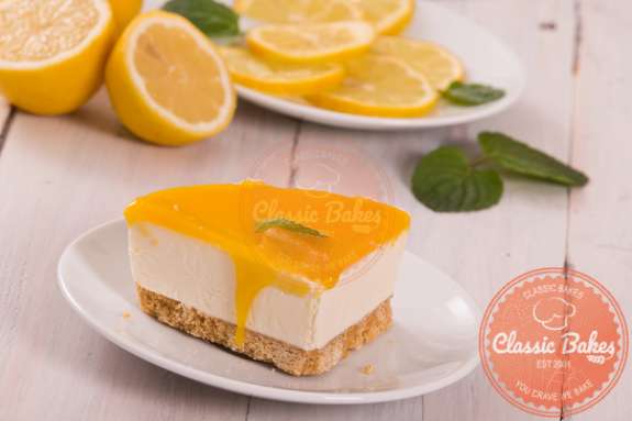 Close up shot of sliced Vegan Lemon Cheesecake