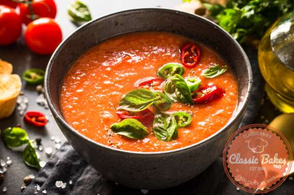 Front close up shot of Vegan Roasted Tomato Soup in a bowl