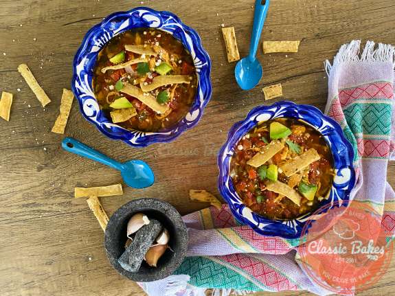 Overview of 2 bowls of Keto Chicken Tortilla Soup