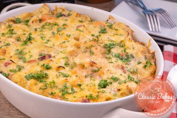 Side view of Old Fashioned Tuna Noodle Casserole in baking tray