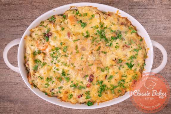 Overview of Old Fashioned Tuna Noodle Casserole in baking tray