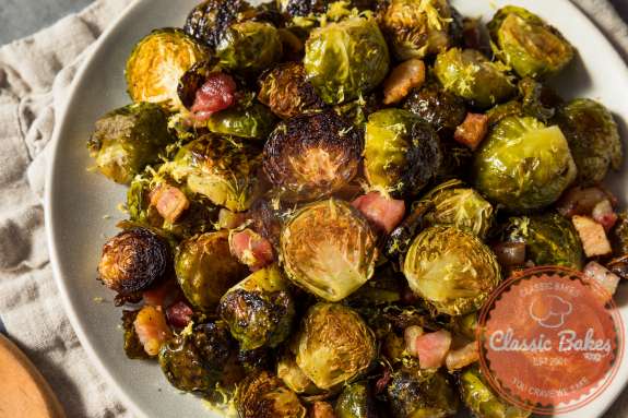 Closed Up Shot of Roasted Brussels Sprouts With Bacon 