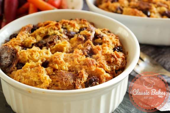 Sideview of bread pudding in a large ramekin 