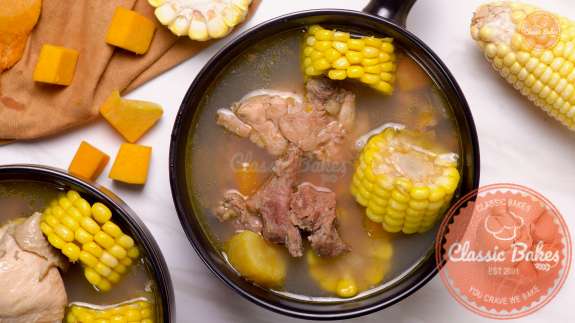 Arial of bowls of Sancocho on a countertop  