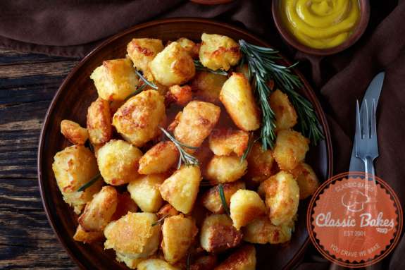 Close up Arial view of Crispy Roasted Potatoes with rosemary 