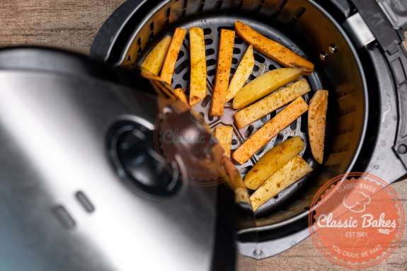 Overview of fries cooking in an air fryer 