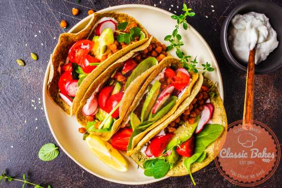 overview of folded vegan tacos 