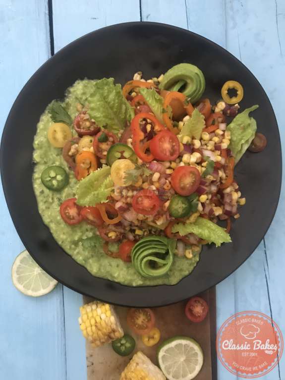 Areal view of a finished plate of Roasted Corn Salad 