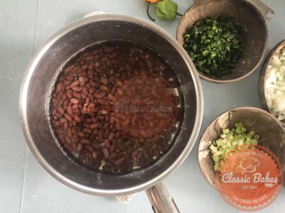 Areal view of a pot with red beans and water