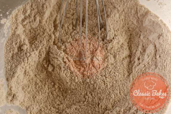 Cassava flour, almond flour, brown rice flour, tapioca starch, salt, and baking powder, in a bowl. 