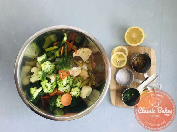 Overview of a bowl filled with steamed vegetables 