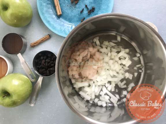 Overview of onions being added to a pot 
