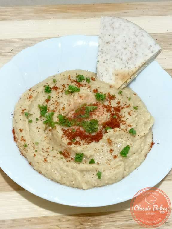 Aerial shot of Instant Pot Hummus in a plate