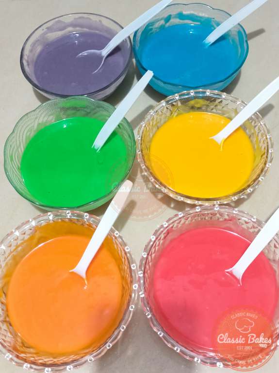 Prepare 6 bowls with the food coloring