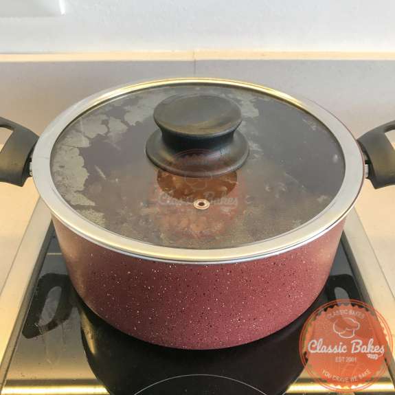 Side view of a pot on the stove top with a lid covering it. 