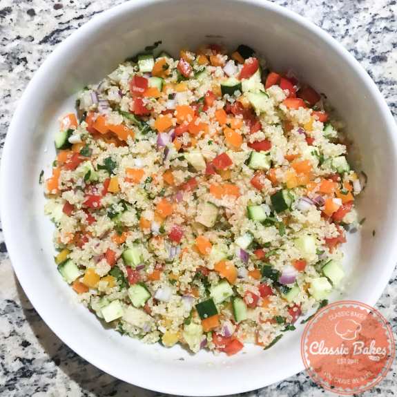 Overview of a bowl of zesty quinoa salad
