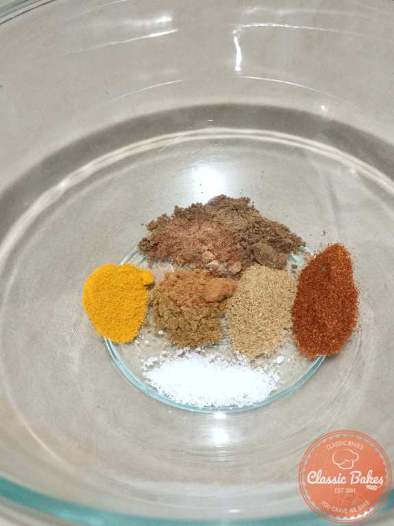 Cumin powder, coriander powder, turmeric, Kashmiri chili powder, garam masala, and kosher salt in a small bowl
