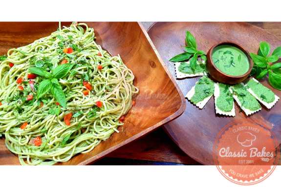 Pasta with spinach sauce and spinach sauce on crackers.