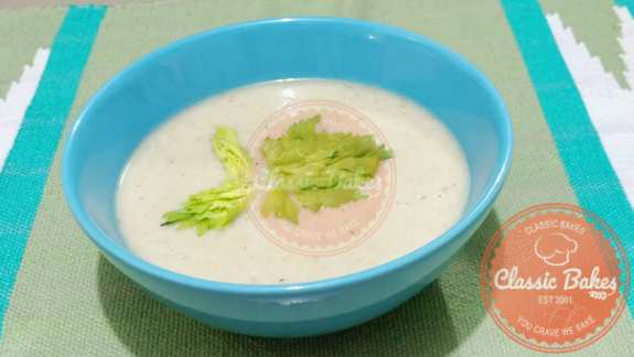 Close up view of Vegan Cream of Celery Soup
