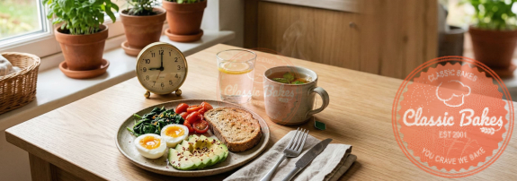 A realistic, high-resolution lifestyle photograph of a healthy breakfast on a wooden kitchen table bathed in soft morning sunlight. The meal includes soft-boiled eggs, sliced avocado with red pepper flakes, sautéed spinach, cherry tomatoes, and a slice of whole-grain toast. Beside the plate sits a steaming mug of herbal tea, a glass of water with lemon, and a small vintage-style gold alarm clock set to 9:00 AM. The background features blurred indoor plants and a window, creating a calm, editorial atmosphere