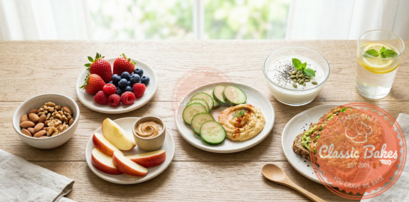 Various diabetic friendly snacks laid out on a table such as blueberries, strawberries, almonds, hummus , yogurt and avocado on toasts
