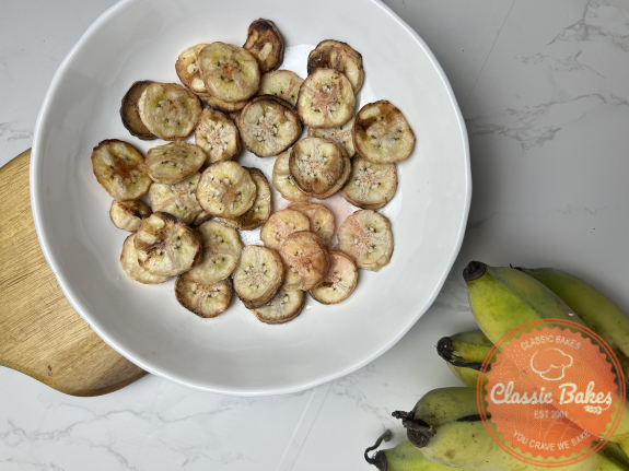 Air Fried Banana on a plate cut into small round piece