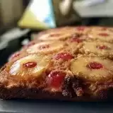 Close up shot of one whole Pineapple Upside Down Cake