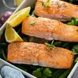 Close up shot of Salmon with Green Beans