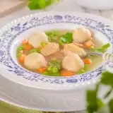 Close up shot of Cornmeal Dumplings in a soup bowl
