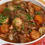 Close up shot of Keto Beef Stew in a serving bowl