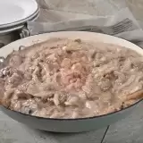 Front shot of Keto Beef Stroganoff in a skillet
