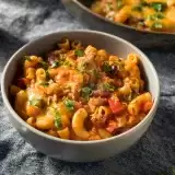 Front shot of One Pot Chili Mac in a bowl on cloth background
