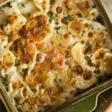 Aerial view of Vegan Scalloped Potatoes in a green baking dish
