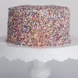 Front shot of Vegan Vanilla Cake on top of cake stand