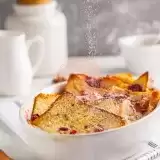 Front shot of Vegan French Toast Casserole in a bowl