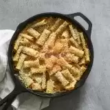 Aerial shot of Vegan Baked Mac and Cheese in a skillet