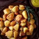 Close up Arial view of Crispy Roasted Potatoes with rosemary 